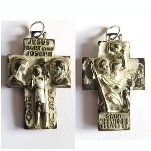 Vintage Holy Family cross pendant Sterling Silver religious medal St Christopher